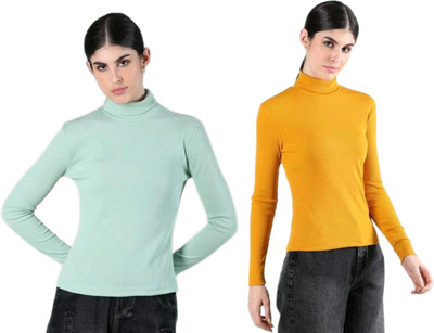 CESARZ Solid High Neck Casual Women Light Green, Yellow Sweater
