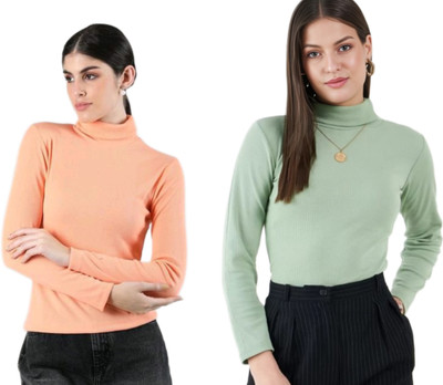 CESARZ Solid High Neck Casual Women Orange, Green Sweater