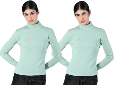 CESARZ Solid High Neck Casual Women Light Green Sweater