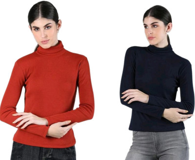 CESARZ Solid High Neck Casual Women Red, Blue Sweater
