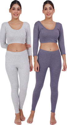Selfcare Selfcare Pack 2 Womens Solid 3/4 Sleeve Thermal Crop Top And Pyjama Sets Women Top - Pyjama Set Thermal