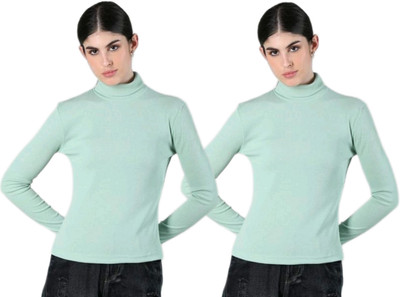 CESARZ Solid High Neck Casual Women Light Green Sweater