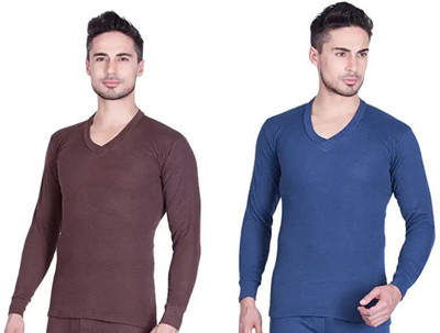 SYLZON Maleno Men Full Sleeves V Neck Brown & Blue Thermal (Pack of 2 ) Men Top Thermal