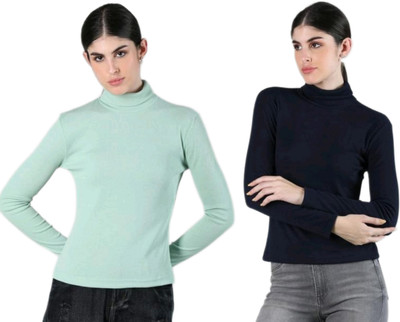 CESARZ Solid High Neck Casual Women Light Green, Blue Sweater