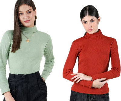 CESARZ Solid High Neck Casual Women Green, Red Sweater