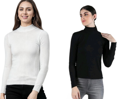 CESARZ Solid High Neck Casual Women White, Black Sweater