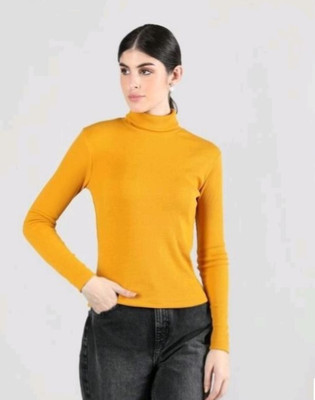 CESARZ Solid High Neck Casual Women Yellow Sweater