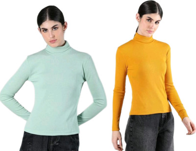 CESARZ Solid High Neck Casual Women Light Green, Yellow Sweater