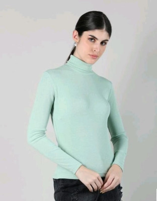CESARZ Solid High Neck Casual Women Light Green Sweater
