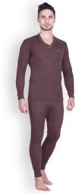 LUX COTT'S WOOL Brown Full Sleeves V-Neck Trouser Set Men Top - Pyjama Set Thermal