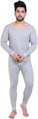 STARFOX Men's Grey Mixture Cotton Blend Round Neck Thermal Set Men Top - Pyjama Set Thermal