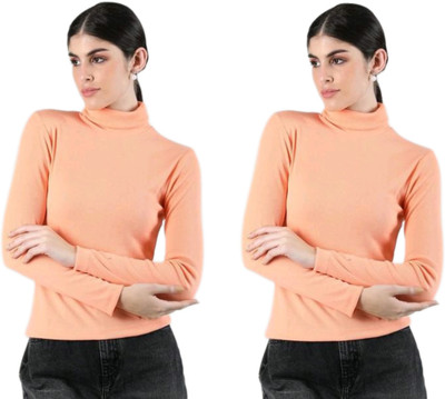 CESARZ Solid High Neck Casual Women Orange Sweater