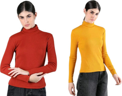 CESARZ Solid High Neck Casual Women Red, Yellow Sweater