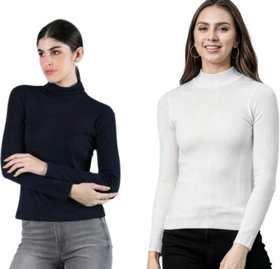 CESARZ Solid High Neck Casual Women Blue, White Sweater