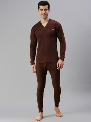 LUX COTT'S WOOL Brown Full Sleeves V-Neck Trouser Set Men Top - Pyjama Set Thermal