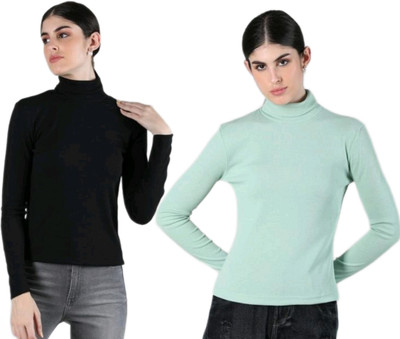 CESARZ Solid High Neck Casual Women Black, Light Green Sweater