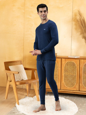 LUX COTT'S WOOL Blue Full Sleeves Round Neck Men & Women Top - Pyjama Set Thermal