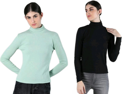 CESARZ Solid High Neck Casual Women Light Green, Black Sweater