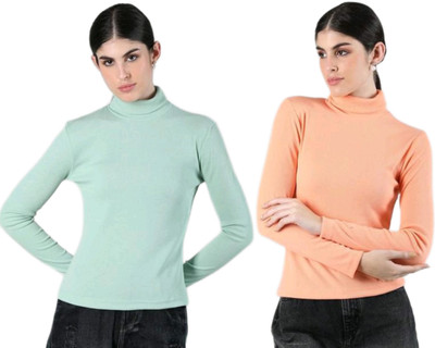 CESARZ Solid High Neck Casual Women Light Green, Orange Sweater
