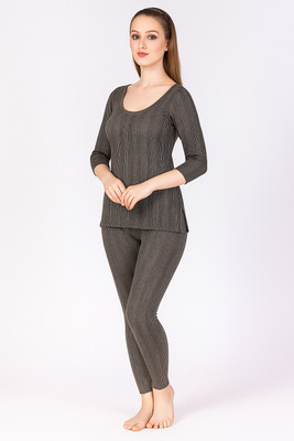 REVEXO WOMEN-M- THERMAL FULL SET GREYS Women Top - Pyjama Set Thermal