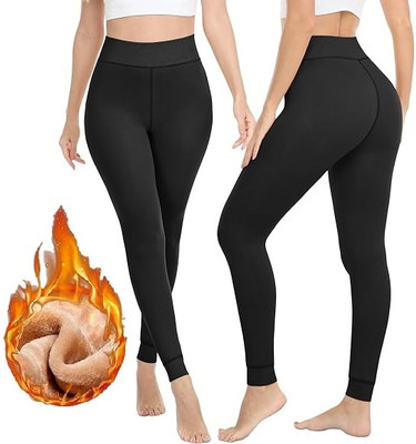 Frackson Black Ankle Length 24 to 34 Waist Stretchable Warm Fleece Legging Slim Fit Women Pyjama Thermal