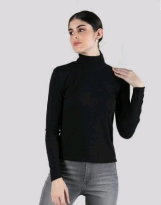 CESARZ Solid High Neck Casual Women Black Sweater