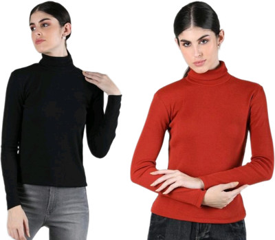CESARZ Solid High Neck Casual Women Black, Red Sweater