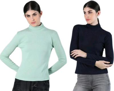CESARZ Solid High Neck Casual Women Light Green, Blue Sweater