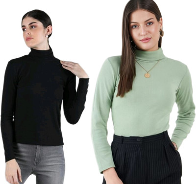 CESARZ Solid High Neck Casual Women Black, Green Sweater