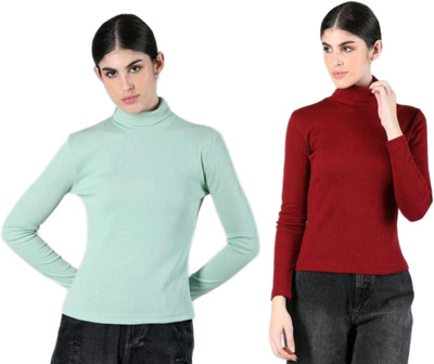 CESARZ Solid High Neck Casual Women Light Green, Maroon Sweater