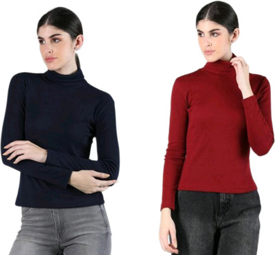 CESARZ Solid High Neck Casual Women Blue, Maroon Sweater