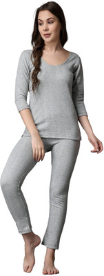 RAVIA RAVIA Women’s Striped Soft & Warm Polycotton Thermal Set|Top & Bottom - RA0003 Women Top - Pyjama Set Thermal