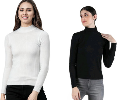 CESARZ Solid High Neck Casual Women White, Black Sweater