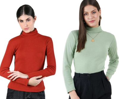CESARZ Solid High Neck Casual Women Red, Green Sweater