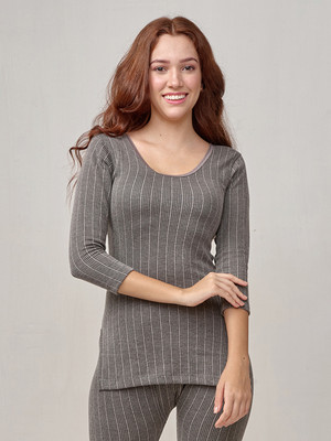 LUX INFERNO Charcoal Melange 3 Quarters Round Neck Long Women Top Thermal