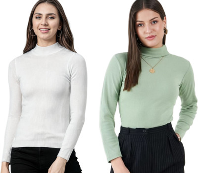 CESARZ Solid High Neck Casual Women White, Green Sweater