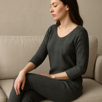 Creadcraft women thermal set3-MGREY Women Top - Pyjama Set Thermal