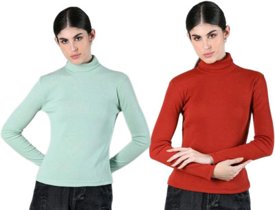 CESARZ Solid High Neck Casual Women Light Green, Red Sweater
