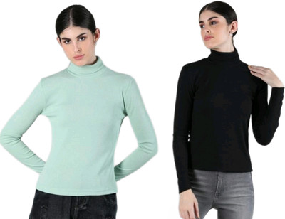 CESARZ Solid High Neck Casual Women Light Green, Black Sweater