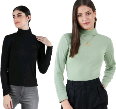CESARZ Solid High Neck Casual Women Black, Green Sweater