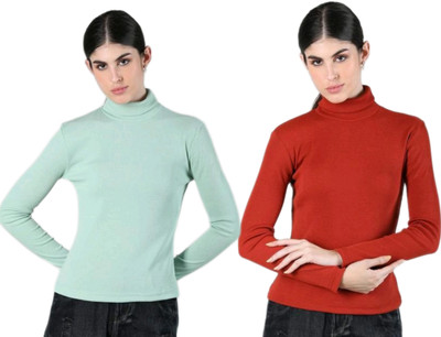 CESARZ Solid High Neck Casual Women Light Green, Red Sweater