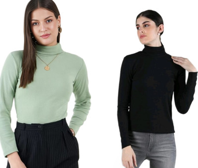 CESARZ Solid High Neck Casual Women Green, Black Sweater