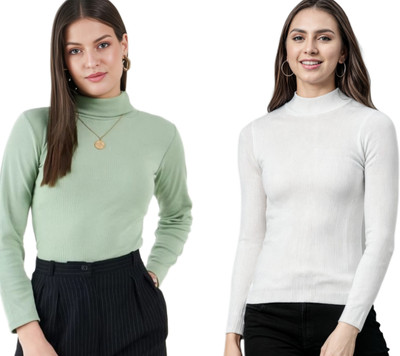 CESARZ Solid High Neck Casual Women Green, White Sweater