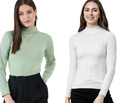 CESARZ Solid High Neck Casual Women Green, White Sweater