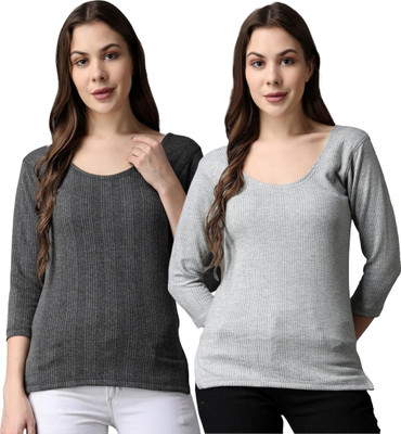 house of common RAVIA Women’s Striped Soft & Warm Polycotton 3/4 Slevee Thermal Top - RA0039 Women Top Thermal