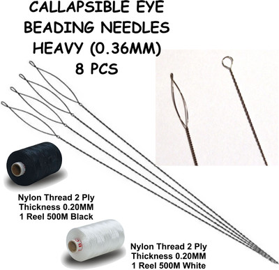 DOMICK Steel Collapsible Eye Beading Needle 8P 0.36MM, Nylon 1000 Meter Black & White Thread(2 m Pack of10)