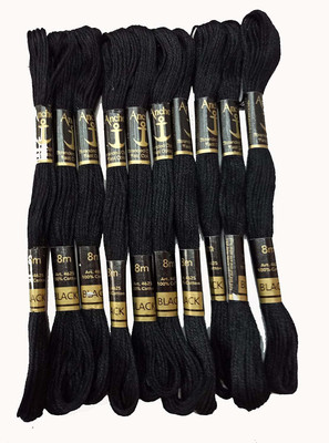 ANCHOR Polyester Blend Cross Stitched/Long Embroidery Standard Cotton Thread (Black, 8 m) - Pack of 10 Thread(8 m Pack of15)