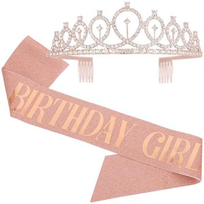 BIYALI Birthday Crown and Sash for Women Birthday Queen Sash & Rhinestone Tiara Hair Band(Pink)