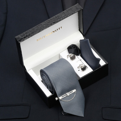 MUTAQINOTI Silk Cufflink & Tie Pin Set(Grey)