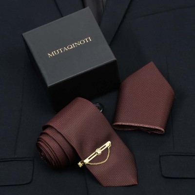 MUTAQINOTI Silk Tie Pin Set(Brown)